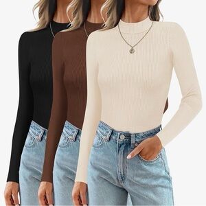 🆕 NWT 3 Pack Ekouaer Women's Ribbed Bodysuits - Black, Brown, Cream